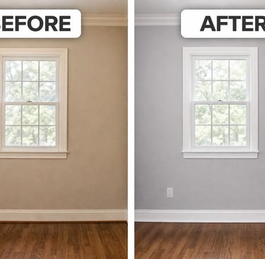 Before and after home renovation showing a tan room repainted with modern light grey wall paint.