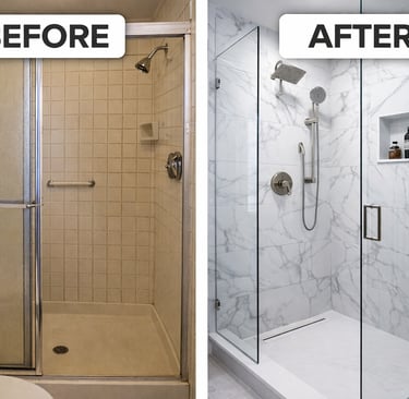 Before and after bathroom remodel showing a dated shower transformed into a modern walk-in with marble tile.