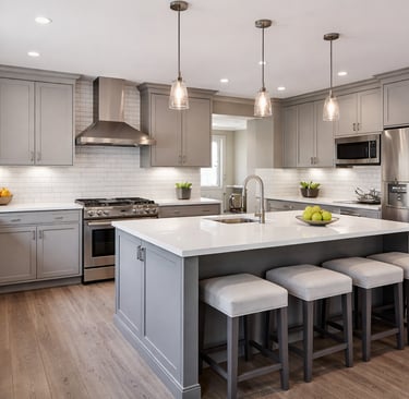 Modern kitchen with gray shaker cabinets, white countertops, stainless steel appliances, and a large island with bar stools.