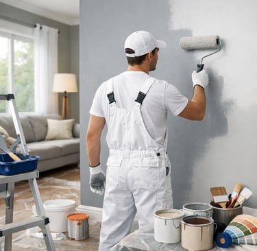 Professional house painter in white overalls using a roller to apply gray paint to a living room wall.