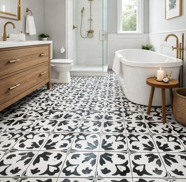 Modern bathroom featuring black and white patterned tile flooring, a wood vanity, and a freestanding tub.