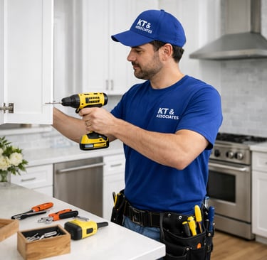 Professional handyman using a power drill to install kitchen cabinet hardware and hinges.