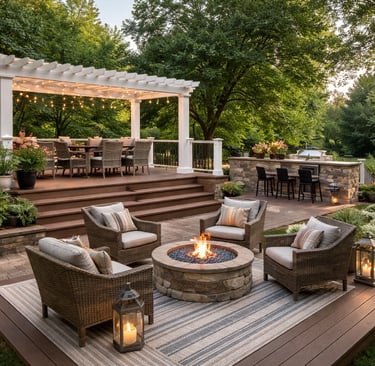 Luxurious backyard patio with a white pergola, outdoor dining area, fire pit lounge, and stone bar with lush landscaping.