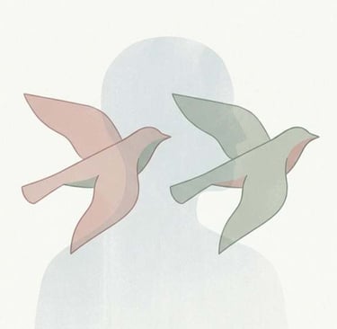 Minimal illustration of birds and a human silhouette representing shared behavioural patterns in nature