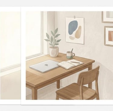Minimal illustration of a calm writing workspace with desk, laptop, and notebook