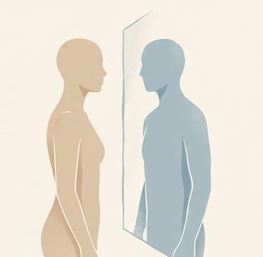 Minimal illustration of a human figure facing a distorted reflection, representing self-perception and identity