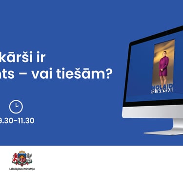 Zils vizuālis, kampaņas vizuālis, informācija par vebināru. Apraksts tekstā