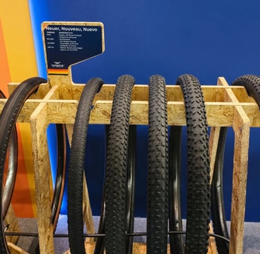 Detailed view of tire displays at the American Classic exhibition stand.