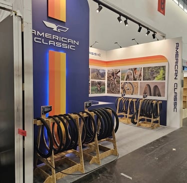 Custom wooden product display at the American Classic booth in Frankfurt.