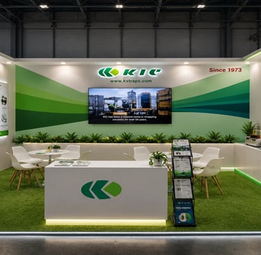 Eco-friendly packaging stand for KIC Korea at Interpack Düsseldorf featuring green grass flooring and product shelves.