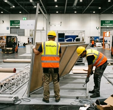Workers dismantling an exhibition stand at a trade show event center in Dubai