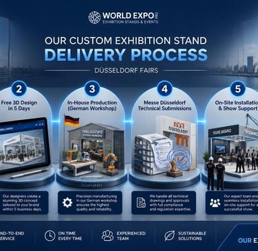 3D flowchart showing World Expo Pro's 6-step custom exhibition stand delivery process for Düsseldorf trade fairs