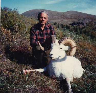 Successful hunter with a trophy Dall Sheep ram harvest in the Alaskan mountains.