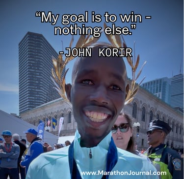 John Korir smiling after a victory, wearing a laurel wreath and medal, with the text "My goal is to win - nothing else."