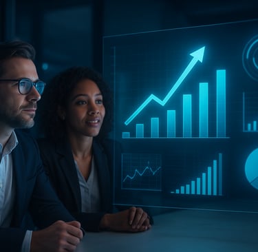 Dueños de empresas viendo dashboards que muestran crecimiento