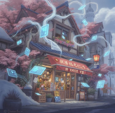 Un negocio tradicional rodeado de elementos digitales flotantes.