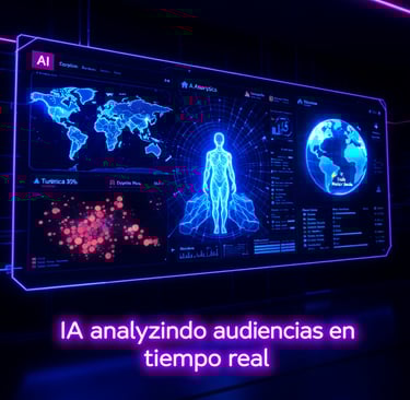 Marketing Digital Inteligente: IA analizando audiencias en tiempo real con mapas digitales.