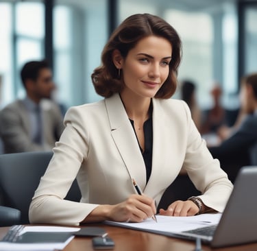 Portrait of a smiling businesswoman in her 30s in office setting.
