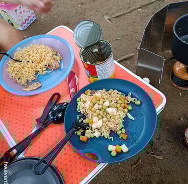 Almoço tradicional de acampamento, miojo com sardinha e seleta de legumes