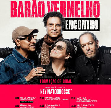 Poster da tour Barão Vermelho Encontro com os integrantes da banda em destaque com as datas abaixo.