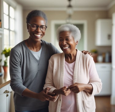 A caring black caregiver gently assisting a smiling senior woman with a morning walk inside a bright, cozy home.
