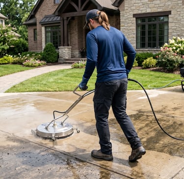Professional driveway and paver pressure washing using a surface cleaner in Lee County.