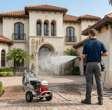 Expert exterior house washing and pressure cleaning on a luxury home in Naples, FL.