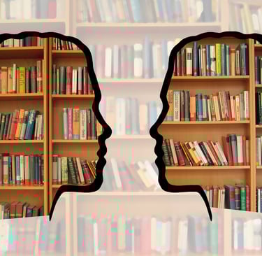 two people are facing each other in a library