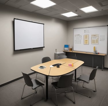 a conference room with a white boardroom table and chairs