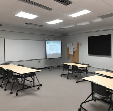 a classroom with desks and chairs and a projector