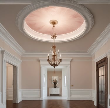 ornate plaster cove molding with a chandelier in the center if the room