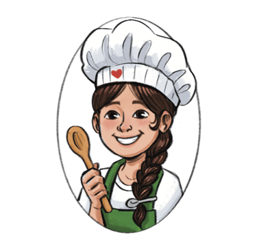 A young girl wearing a white chef's hat, dark brown hair with one long braid, holding a wooden spoon