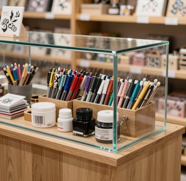 A cozy workspace with handmade wooden crafts, a 3D printer, and laser engraving tools softly lit by natural light.