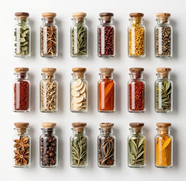 A rustic wooden table with vintage spice jars and emerald green herbs arranged alongside an ancient map fragment.
