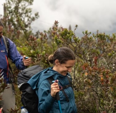 Smiling hikers with backpacks and trekking poles hiking through lush mountain vegetation.