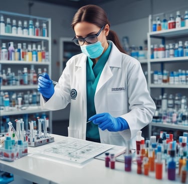 Futuristic laboratory workstation illuminated by neon blue and teal lights, with scientific data holograms floating above it.