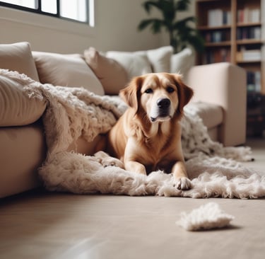 a dog standing on a dirt road next to a dead plant