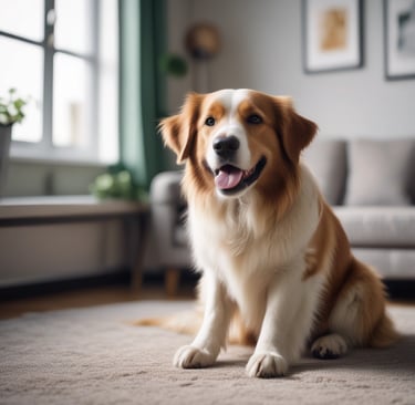A cheerful small dog sitting on a colorful apartment balcony with city buildings in the background.