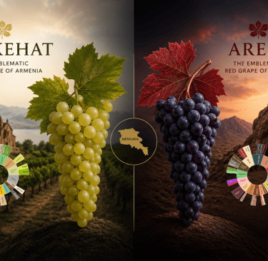 Infographic of Armenian Voskehat white grapes and Areni red grapes with flavor profile wheels.