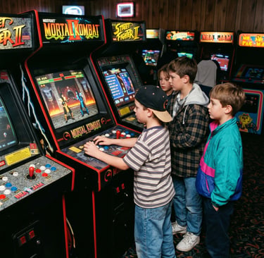 Meninos jogando o clássico Mortal Kombat II em um fliperama vintage.