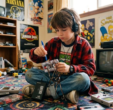 Um menino em um quarto dos anos 90 usa uma caneta para rebobinar uma fita cassete enquanto usa fones