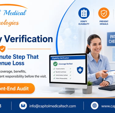 Promotional blog header for Capitol Medical Technologies about eligibility verification, showing a p