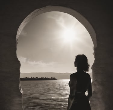 A serene woman sitting peacefully in a sunlit garden surrounded by soft greenery and blush pink flowers.