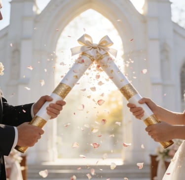 a bride and groom are holding champagne flutes