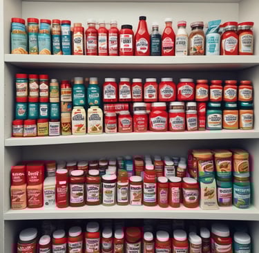 An inviting display of assorted food products neatly arranged on a clean white shelf.