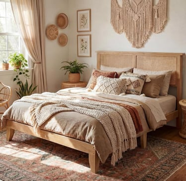 Boho chic bedroom featuring a rattan headboard, macrame wall hanging, and cozy neutral bedding.