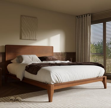 Modern wooden bed frame with white bedding in a minimalist bedroom with soft natural lighting.