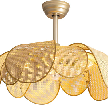Modern boho woven rattan flower ceiling fan with hidden blades and light fixture.