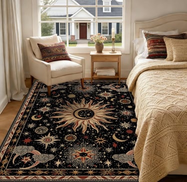 A celestial area rug featuring sun, moon, and star patterns in a bright bedroom with a white armchair.