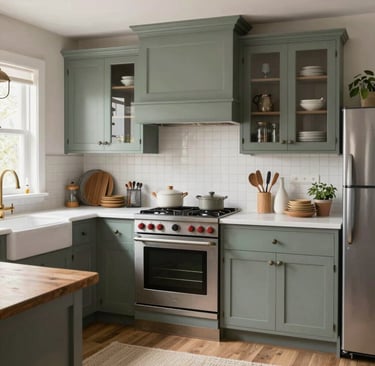 A cozy farmhouse kitchen featuring rustic wooden beams, open shelving, and a vintage stove.
